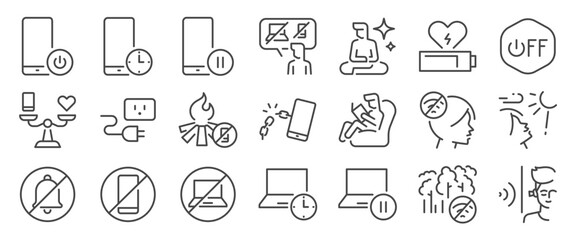 Digital Detox icon set. It included screen-free, digital balance, screen time, nature, and more icons. Editable Vector Stroke.
