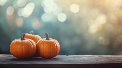 Autumnal Still Life: Three Pumpkins on Rustic Wooden Table
