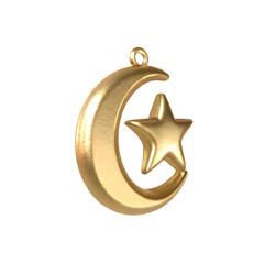 Golden crescent moon and star pendant isolated on transparent background