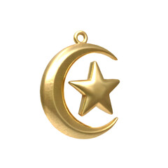 Gold crescent moon and star pendant isolated on transparent background