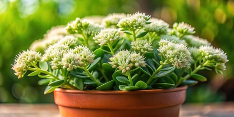 Low angle shot of lush sedum plant groundcover with delicate white flowers and green leaves in a pot