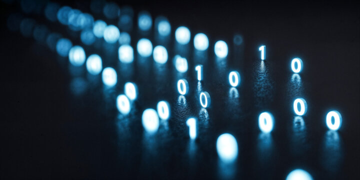 Binary code stream flowing on dark background representing digital data