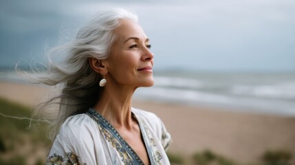 A woman with gray hair smiling at the beach, with her hair flowing in the wind. A serene moment of reflection and happiness.