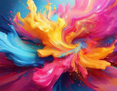 a stunning whirl of pink yellow and blue paint creates an energetic mid air explosion symbolizing the burst of creativity and emotion in a modern art piece