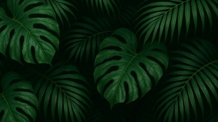 closeup of tropical monstera and palm leaves layered in lush dark green jungle foliage creating natural textured background concept of wellness, eco design, botanical branding - Powered by Adobe