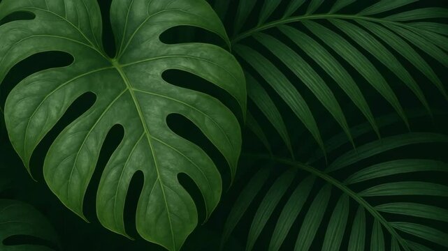closeup of tropical monstera and palm leaves layered in lush dark green jungle foliage creating natural textured background concept of wellness, eco design, botanical branding