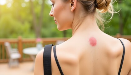 Young woman with a kiss mark on back standing outdoors in summer  