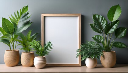 modern indoor plants with green leaves in pots surrounding blank wooden frame against gray wall home decor eco friendly living space mockup for artwork or poster