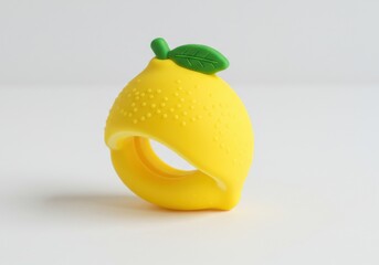 Lemon shaped baby teething toy with green leaf detail