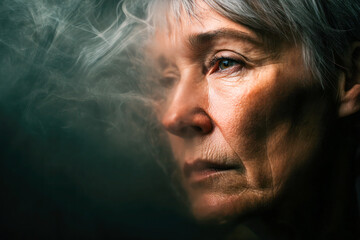 Fototapeta premium Woman with gentle fog overlaying her face, symbolizing cognitive decline and emotional depth, capturing the essence of memory loss and introspection