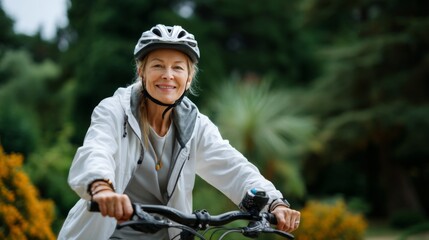 Naklejka premium Senior woman smiles while riding a bicycle outdoors. Active healthy lifestyle for older adult. Concept for retirement and active living.