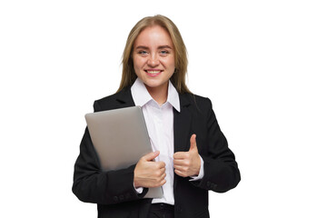 Business professional embraces success with a confident smile and a thumbs up gesture while holding a laptop