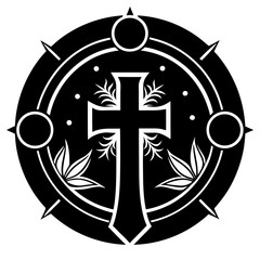 Ornate Cross Symbol with Floral and Celestial Elements Vector Illustration