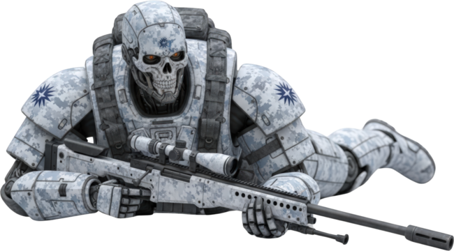 Robotic Soldier in Camouflage Gear Aiming Sniper Rifle Sci Fi Military Concept - Powered by Adobe