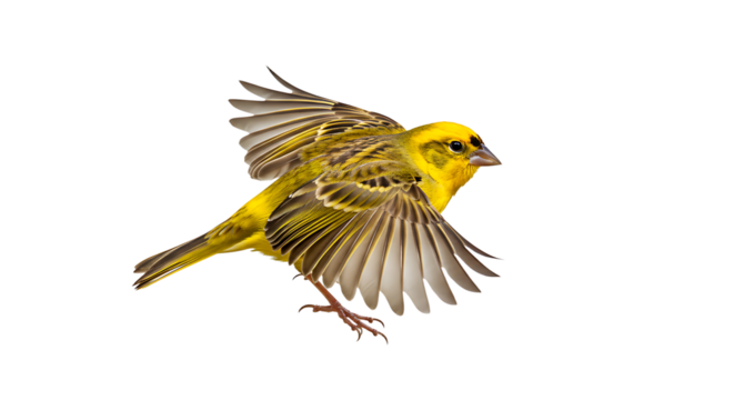 Vibrant Yellow Bird in Flight Showcasing Detailed Wing Feathers and Form