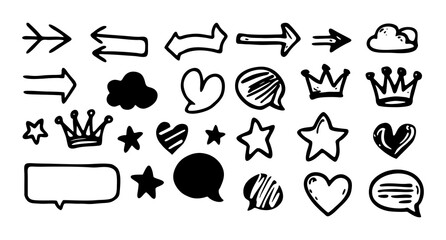 A collection of hand-drawn vector graphics of arrows, stars, clouds, crowns, hearts, and speech bubbles. These design elements can be useful for adding visual flair to a project.