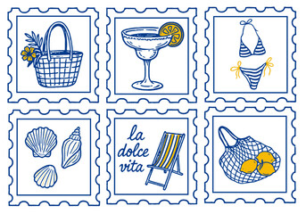 SET OF MEDITERANEAN, ITALIAN STAMPS STYLE DOLCE VITA WITH SUMMER BEACH ELEMENTS