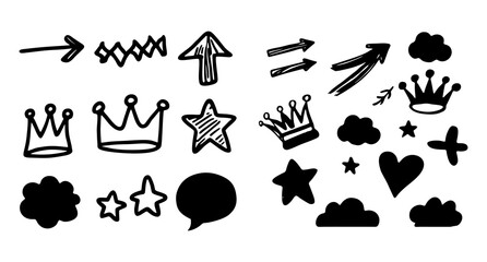 A collection of hand-drawn vector graphics of arrows, stars, clouds, crowns, hearts, and speech bubbles. These design elements can be useful for adding visual flair to a project.