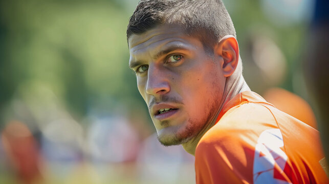 Soccer player in defensive stance intensely tracking the ball during match, determined athlete preparing for tackle in competitive game, sports action and teamwork concept.