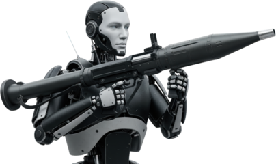 Futuristic Robot Soldier Holding a Rocket Launcher Military AI Sci Fi Weaponry