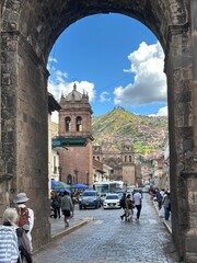 Panoramic views of the iconic cobblestone streets in the beautiful city of Cusco, Peru. A charming historic cityscape with colonial architecture, Inca heritage, and rich cultural atmosphere in the hea