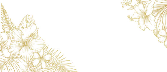 Tropical floral background with golden line art of hibiscus flowers and leaves. Luxury hand drawn frame, border. Vector illustration for design of card, banner, invitation, advertising and packaging