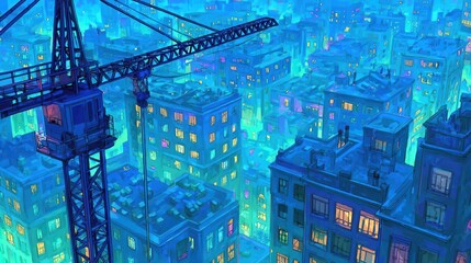 Night city skyline with crane