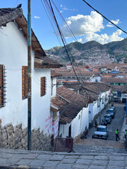 Panoramic views of the iconic cobblestone streets in the beautiful city of Cusco, Peru. A charming historic cityscape with colonial architecture, Inca heritage, and rich cultural atmosphere in the hea