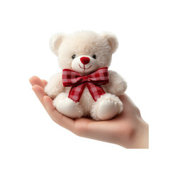 Small Cream Teddy Bear with Red Bow in a Hand