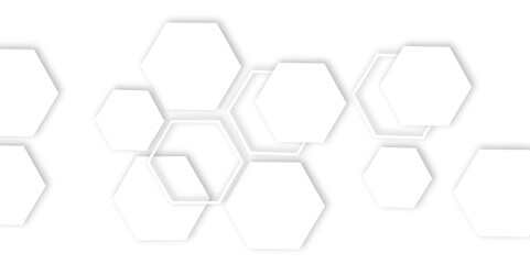hexagons with subtle gray shadows, White background featuring a pattern of overlapping white outlined hexagons, creating a modern and minimalist design