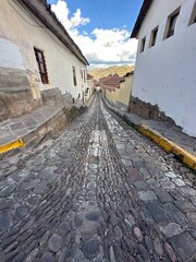 Panoramic views of the iconic cobblestone streets in the beautiful city of Cusco, Peru. A charming historic cityscape with colonial architecture, Inca heritage, and rich cultural atmosphere in the hea