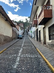 Panoramic views of the iconic cobblestone streets in the beautiful city of Cusco, Peru. A charming historic cityscape with colonial architecture, Inca heritage, and rich cultural atmosphere in the hea