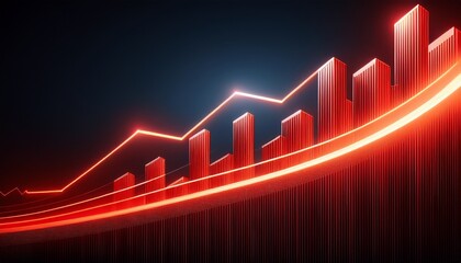 glowing red bar graph with upward trend line against dark background concept of growth and progress finance business analytics infographic presentation