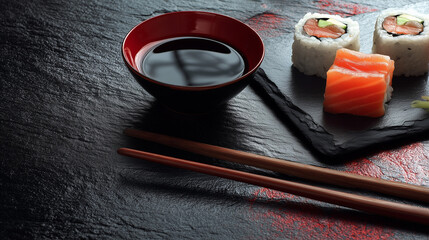 Japanese soy sauce bowl and sushi on slate plates, red and black backdrop - minimalist elegance of traditional cuisine series