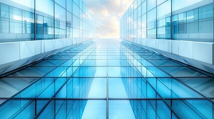 Futuristic Glass Skyscraper at Dusk - A towering skyscraper with blue-tinted glass reflecting the twilight sky, surrounded by white geometric structures.