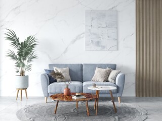 Mock up of a stylish living room with a comfortable modern sofa and an elegant decorative background, 3D rendering.