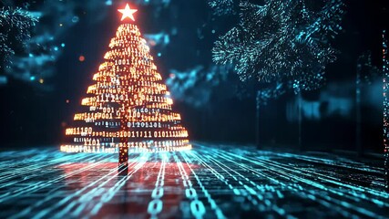 Digital binary Christmas tree with star, futuristic technology holiday concept - Powered by Adobe