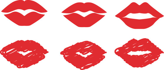 Set of red lipstick kiss  print. Lips makeup. Female mouth. vector red outline illustrations