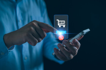 A person shopping online with smartphone, e-commerce app, using discount buy products, digital payment.