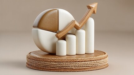 Beige and White 3D Pie Chart and Bar Graph Showing Growth