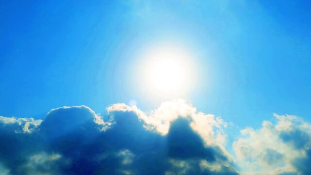 Bright sun light ray n bokeh sunlight lens flare shining over dramatic cumulus cloud or fluffy cloudscape on pastel cyan blue clear sky, tropical summer daylight sunshine day, Stop motion 4k TimeLapse