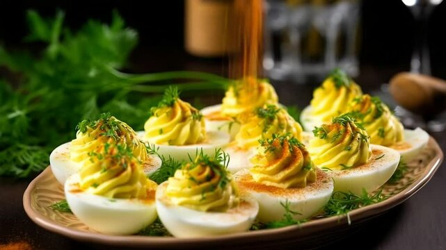 Deviled Eggs with Paprika and Fresh Herb Garnish