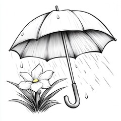 Black and White Illustration of Flower Protected by Umbrella in Rain