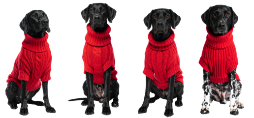 Four stylish black dogs in cozy red sweaters pose together with charm and personality.