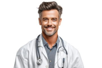 PNG Caucasian male doctor smiling with stethoscope in white coat