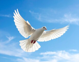 High resolution image of a white dove flying with wings wide open against soft blue sky, motion captured clearly, no background distractions