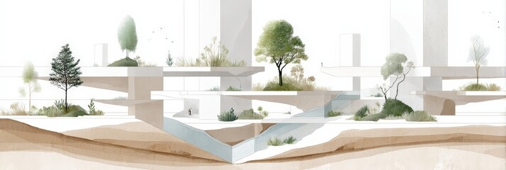 Modern architecture concept with green landscapes and water features