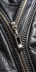 Fototapeta premium Close-up shot of a black zipper on a black leather jacket