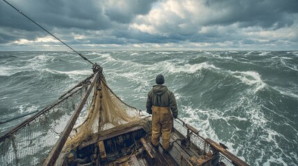 Lone fisherman on boat facing massive stormy waves under dramatic cloudy sky during dangerous sea journey