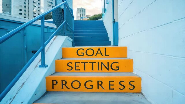 Goal setting and daily habits, A staircase illustration with numbered steps symbolizing progress and goal achievement.